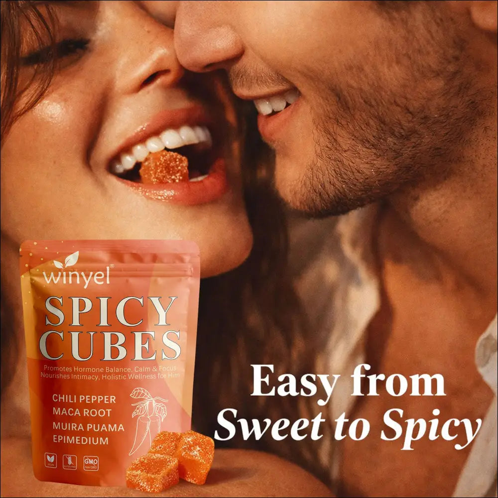 A pink pouch of winyel spicy cubes featuring orange gummy candies with chili pepper and maca root for hormonal balance