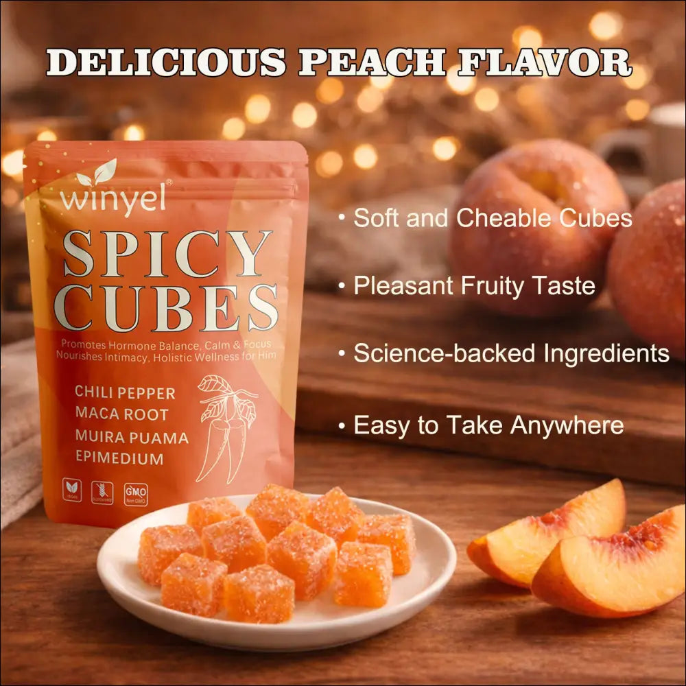 A vibrant orange pouch of winyel spicy cubes glossy finish bold white lettering spicy peach for hormonal balance energy levels