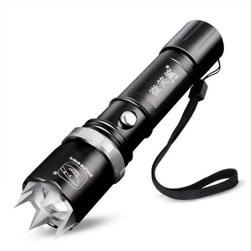 Black spiked tactical self-defense led flashlight with textured grip and silver accents for personal safety use