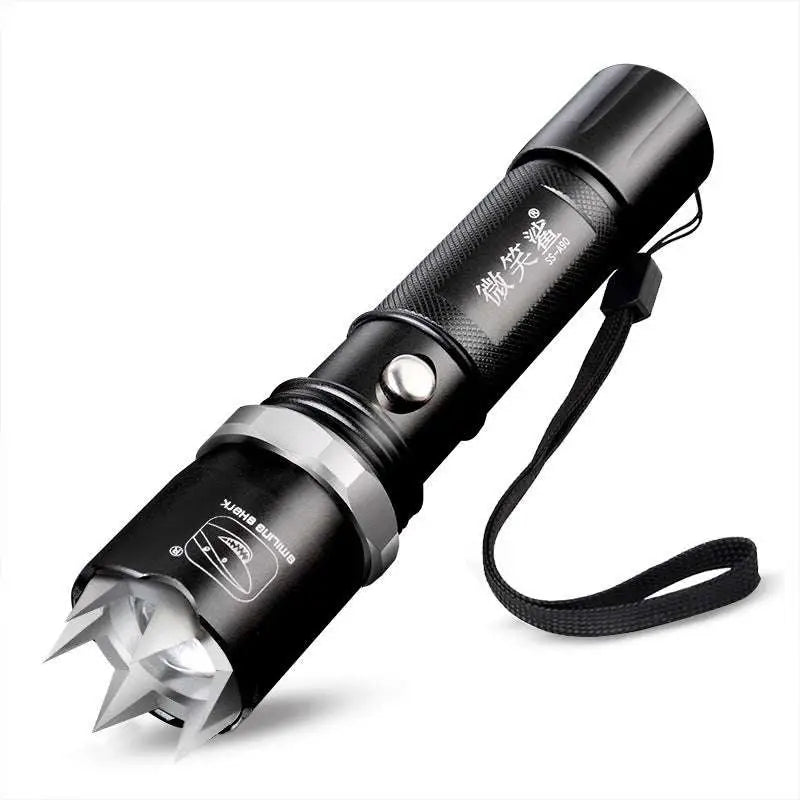 Black spiked tactical self-defense led flashlight with textured grip and silver accents for reliable personal protection