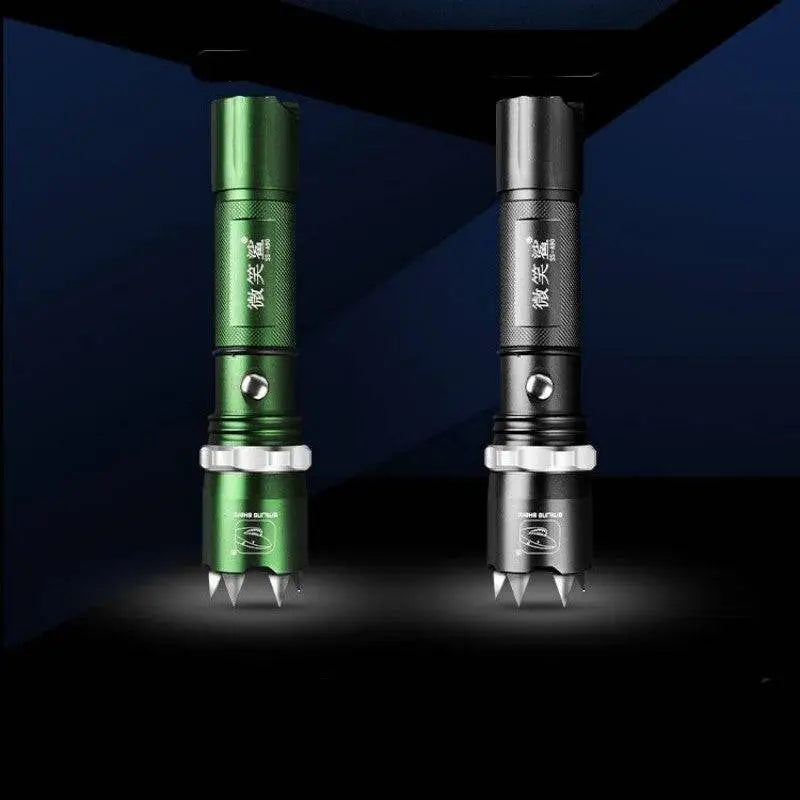 Green and black spiked tactical self-defense led flashlight with textured grip, silver knurled rings, and pointed metal tip