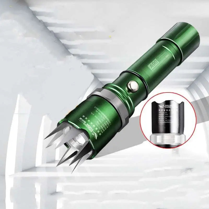 Green metallic a90 spiked tactical self-defense led flashlight with silver accents and textured grip for personal security