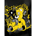 Black printed casual t-shirt featuring a bold yellow and black splicing bear letter graphic with money and spray paint details