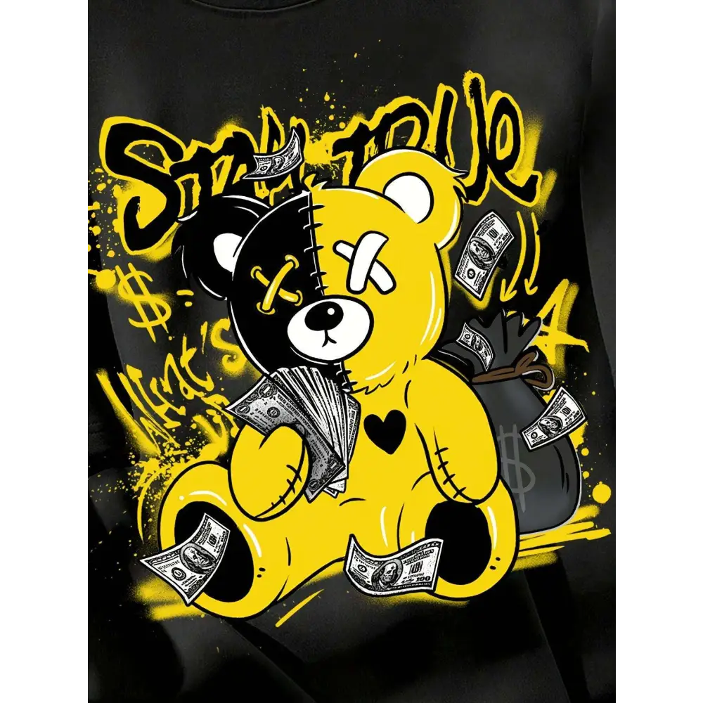 Black printed casual t-shirt featuring a bold yellow and black splicing bear letter graphic with money and spray paint details