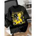 Black short-sleeved printed casual t-shirt with splicing bear letter graphic of split-faced teddy bear holding money