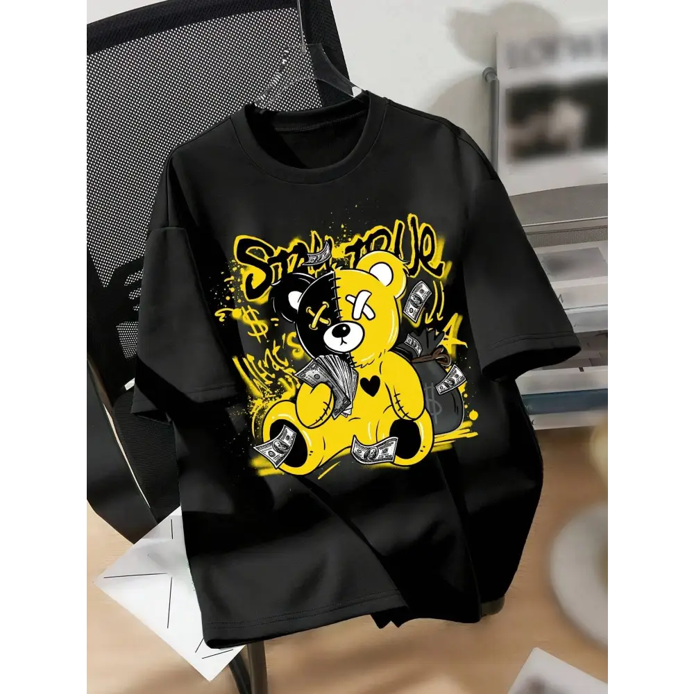 Black short-sleeved printed casual t-shirt with splicing bear letter graphic of split-faced teddy bear holding money