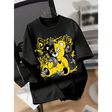 Black short-sleeved printed casual t-shirt with splicing bear letter graphic of split-faced teddy bear holding money