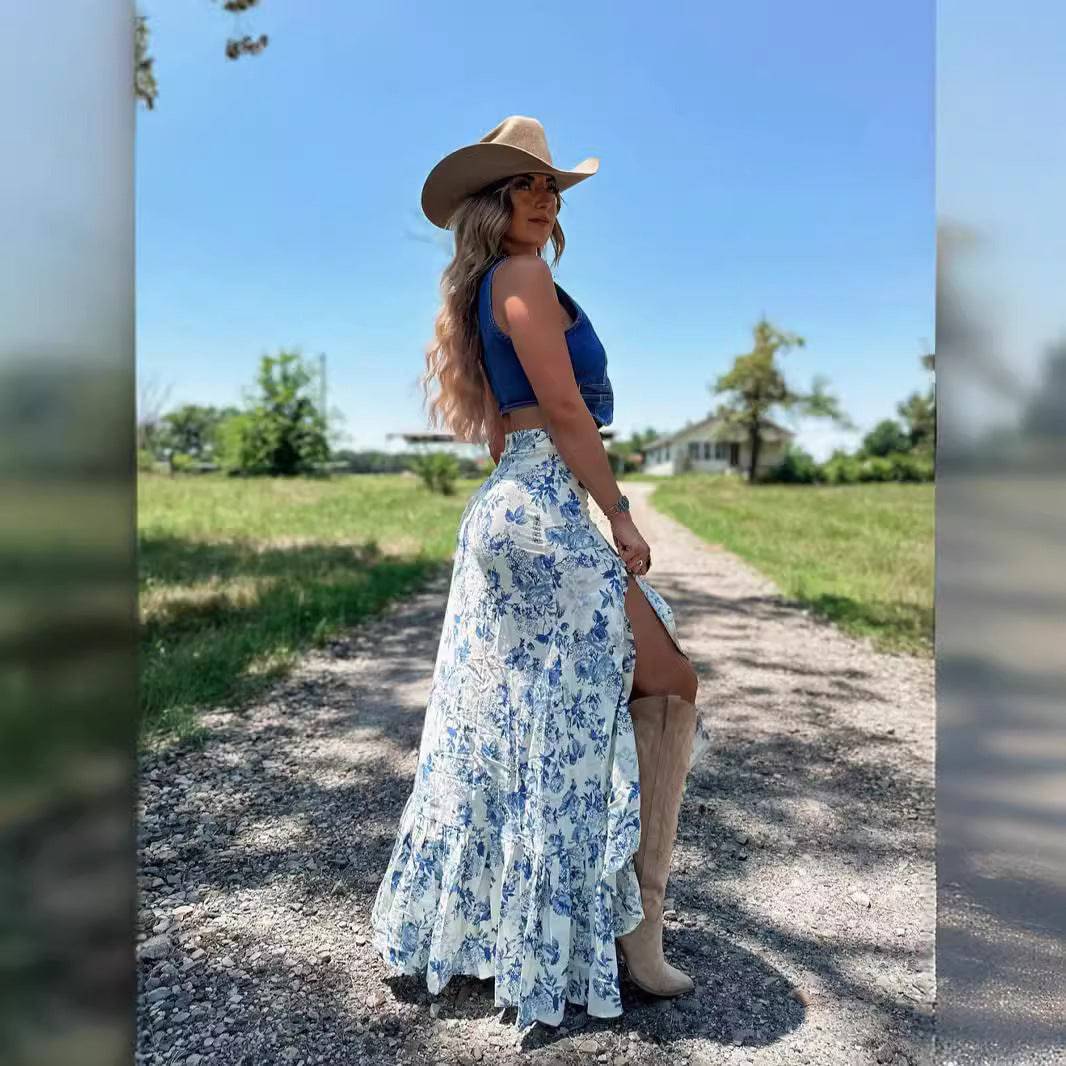 Split Print Pleating Big Hem Skirt Button Full Cup Plus Size Bra Without Wi Royalessencelux