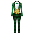 Green plaid one-piece digital print jumpsuit with bow and shamrock design for patricks day green celebration