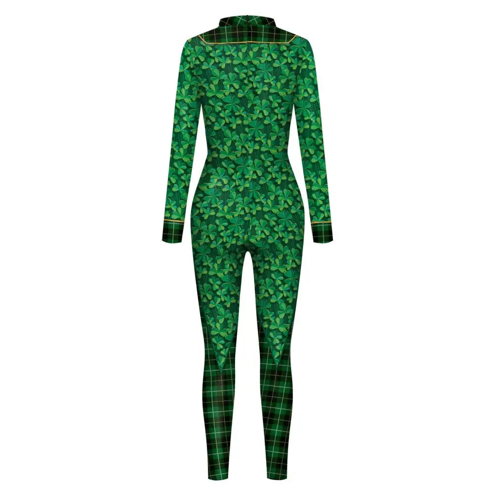 St patricks day green bow digital print jumpsuit featuring a green shamrock one-piece with plaid accents