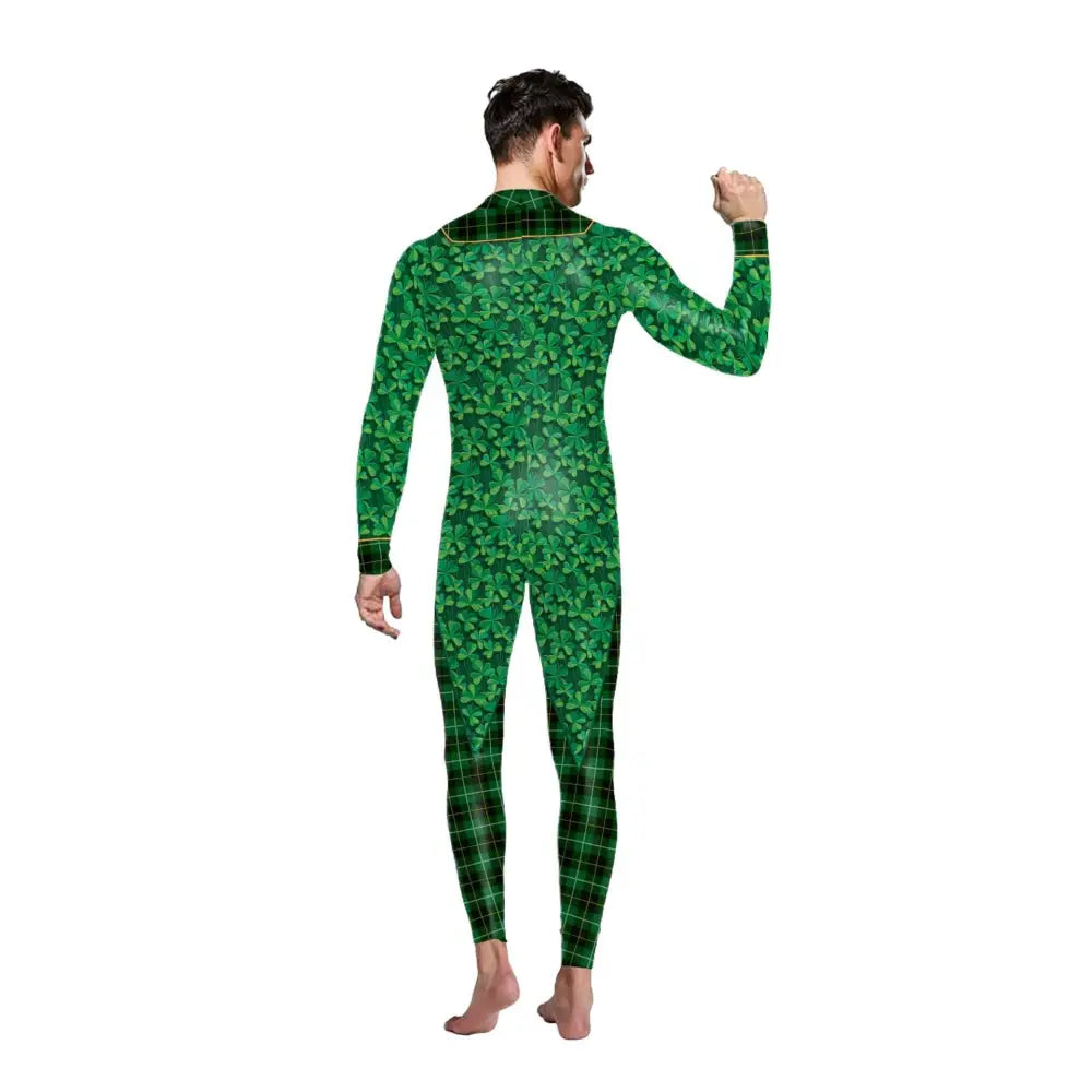 St patricks day green bow digital print jumpsuit with green shamrock plaid pattern full body suit