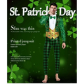 Green shamrock-patterned slim stretch jumpsuit with plaid design and bow digital print vest for patricks day green wear