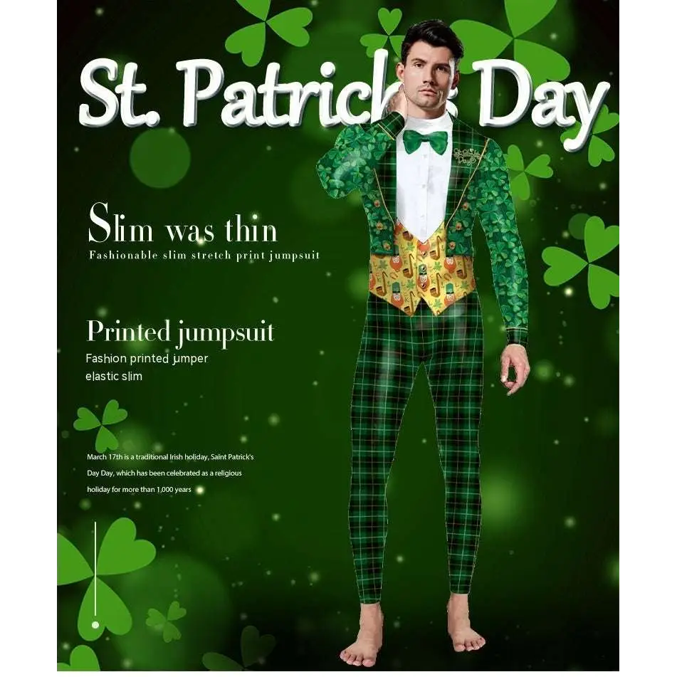 Green shamrock-patterned slim stretch jumpsuit with plaid design and bow digital print vest for patricks day green wear