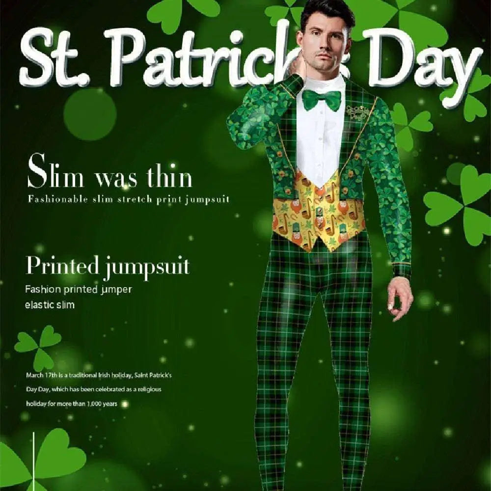 St patricks day green bow digital print jumpsuit with shamrock slim stretch fabric yellow musical note vest