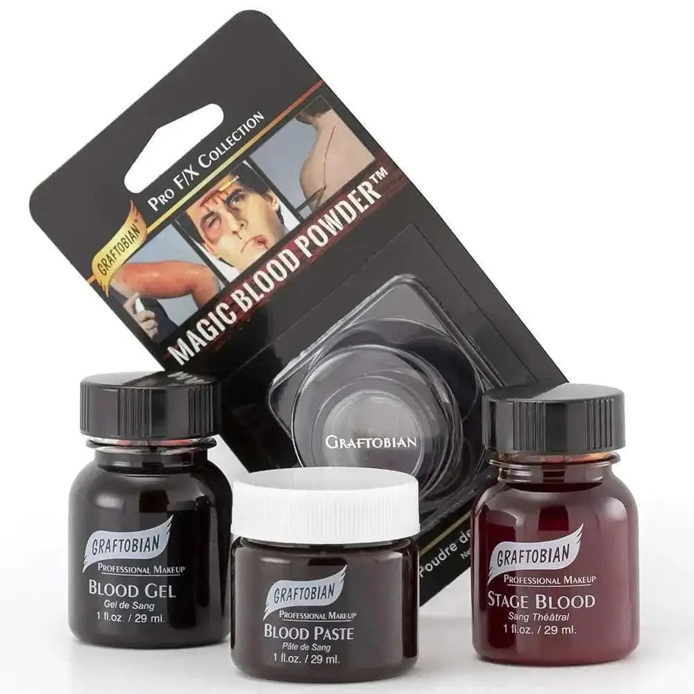 Graftobian pro fix collection stage blood gel and blood paste sampler set with magic blood powder in dark red black and brownish-red
