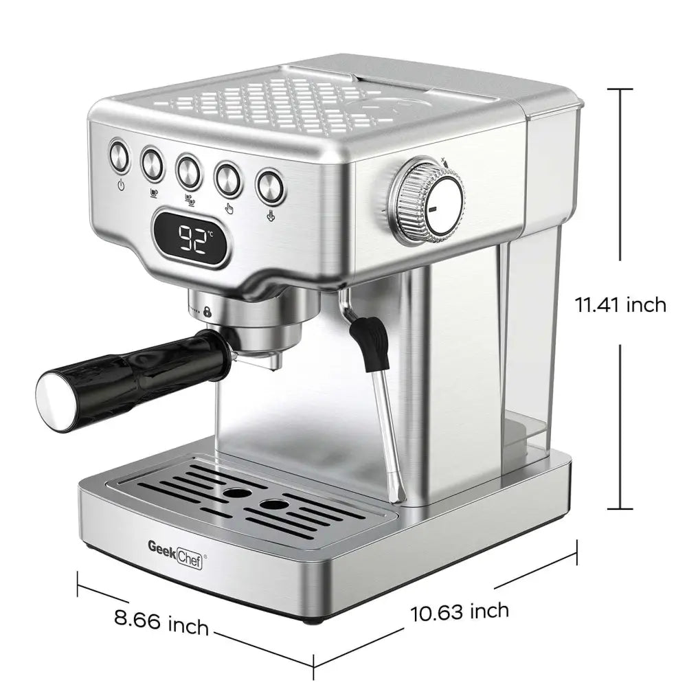 Stainless steel 20 bar espresso machine with milk frother black handle and digital display showing 92°c temperature