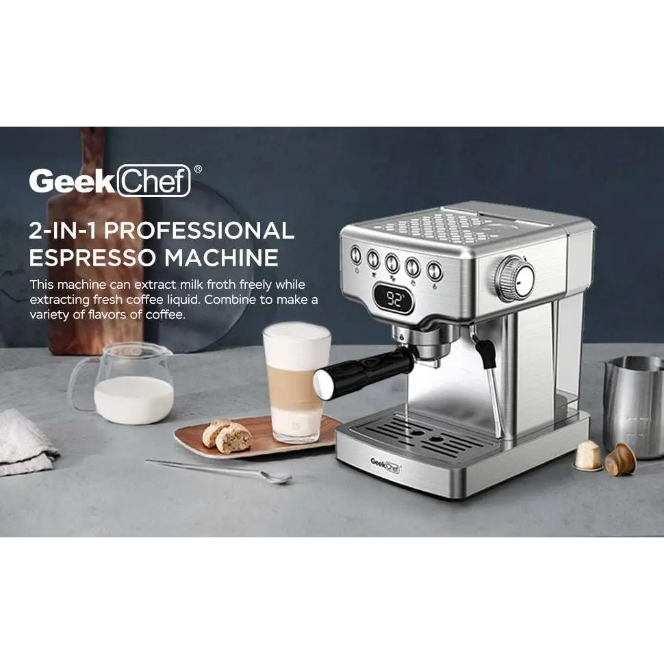Stainless steel geekchef 20 bar espresso machine with digital display, multiple control knobs, and milk frother