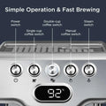 Silver stainless steel 20 bar espresso machine with milk frother digital display showing 92 c temperature