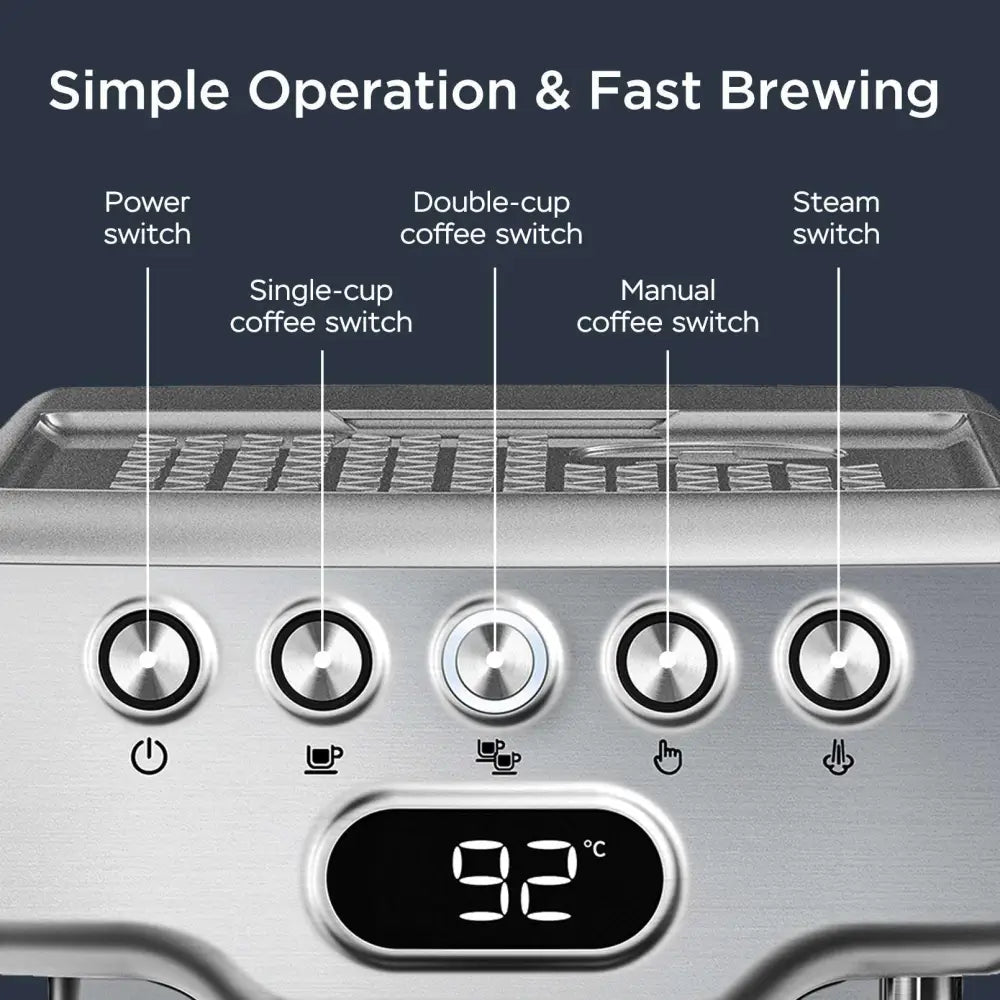 Silver stainless steel 20 bar espresso machine with milk frother digital display showing 92 c temperature