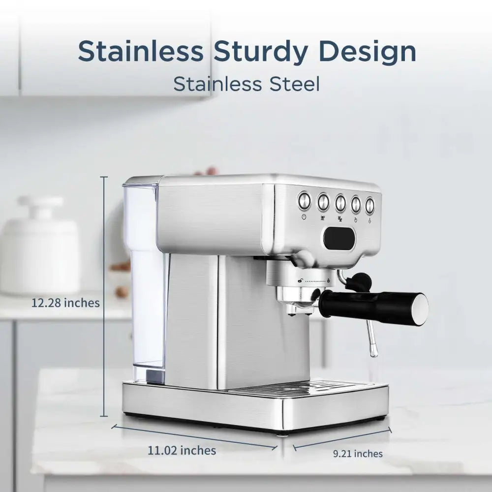 Stainless steel 20 bar espresso machine with milk frother, black handle, sleek sturdy design, and digital display