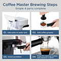 Stainless steel espresso machine with black accents milk frother and transparent water tank for home use