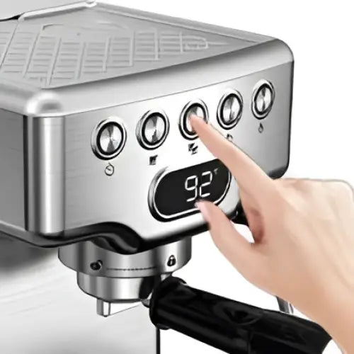 Silver stainless steel 20 bar espresso machine with milk frother and digital display showing 92 seconds and control buttons