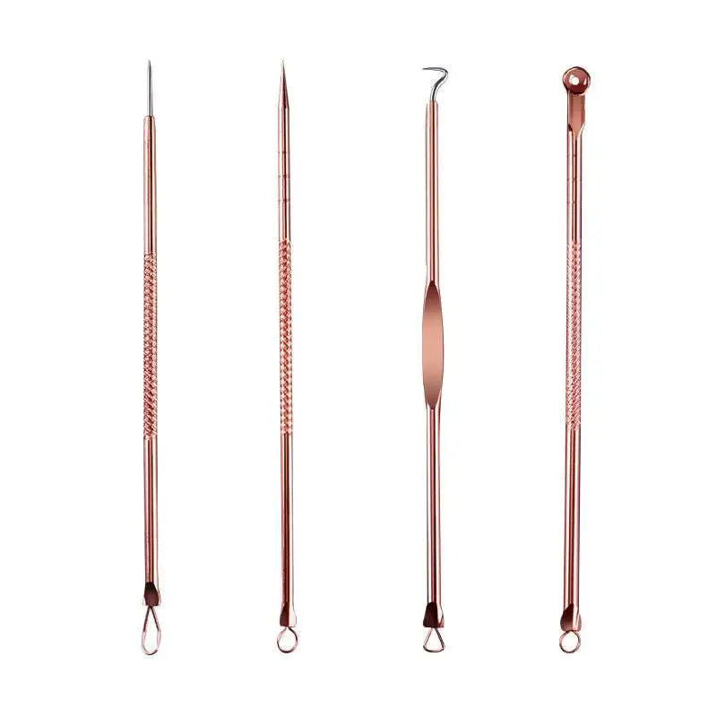 Set of four rose gold-toned stainless steel beauty needle tools with textured handles and zippered case for acne extraction