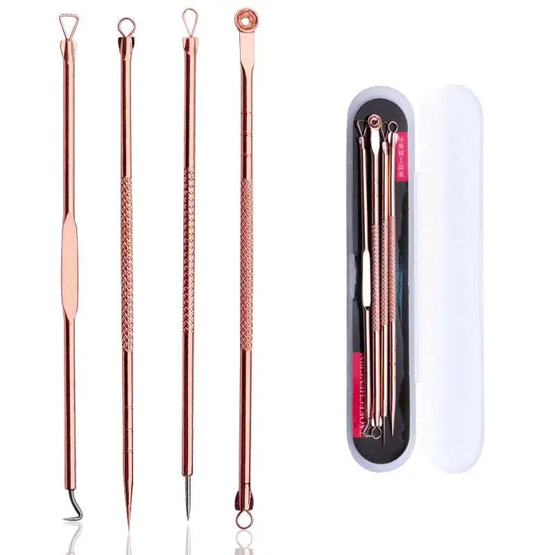 Set of four rose gold-toned steel beauty needles with textured grips in a white zippered case for acne extraction