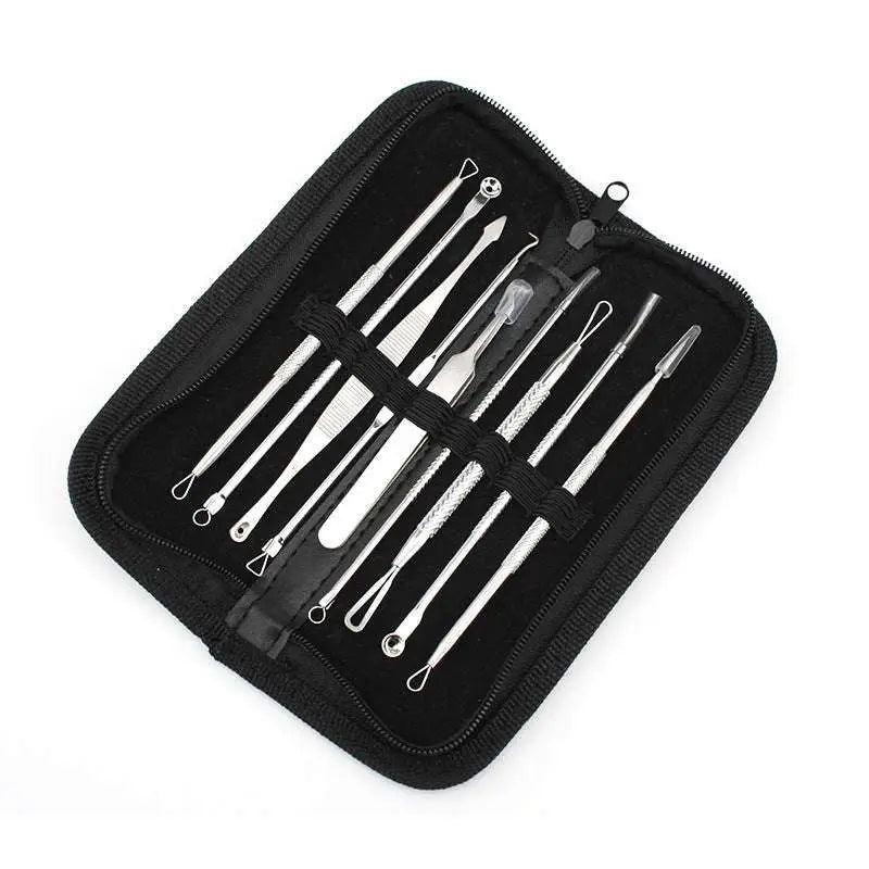 Set of ten stainless steel beauty needle tools neatly arranged in a black zippered case for facial cleansing