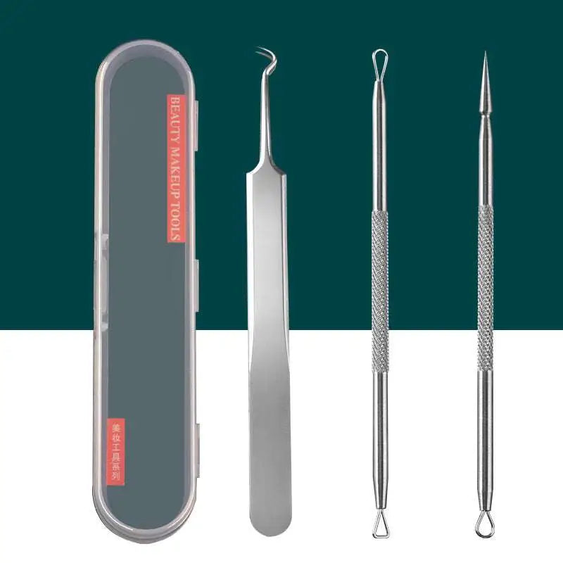 Set of three stainless steel beauty needle tools with textured grips in a clear zippered case for acne extraction