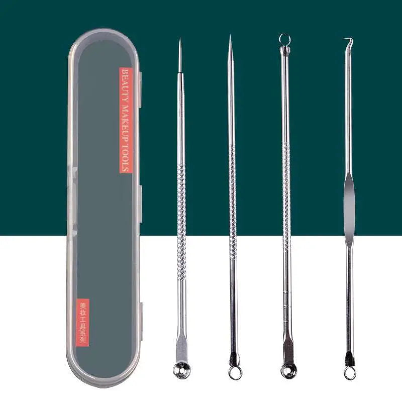 Set of four stainless steel beauty needle set tools with textured handles in a clear zippered case for facial pore cleaning