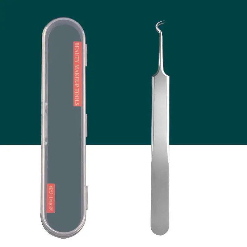 Silver-toned steel beauty needle with curved fine tip and slender handle from stainless steel beauty needle set with zippered case