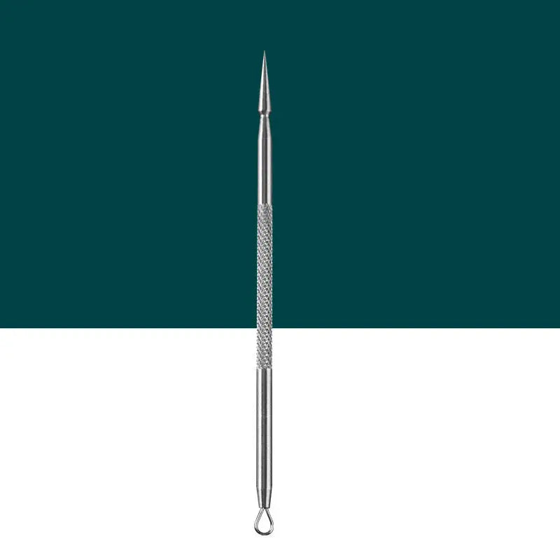 Silver-toned steel beauty needle with textured grip and pointed tip from beauty needle set with zippered case