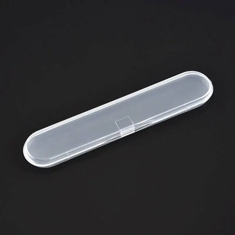Clear plastic zippered case with rounded ends and latch for stainless steel beauty needle set storage