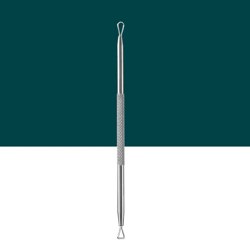 Silver steel beauty needle with textured grip and looped ends from beauty needle set with zippered case