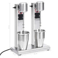 Stainless steel double cup milkshake mixer with two cylindrical containers and motorized beaters for high container capacity