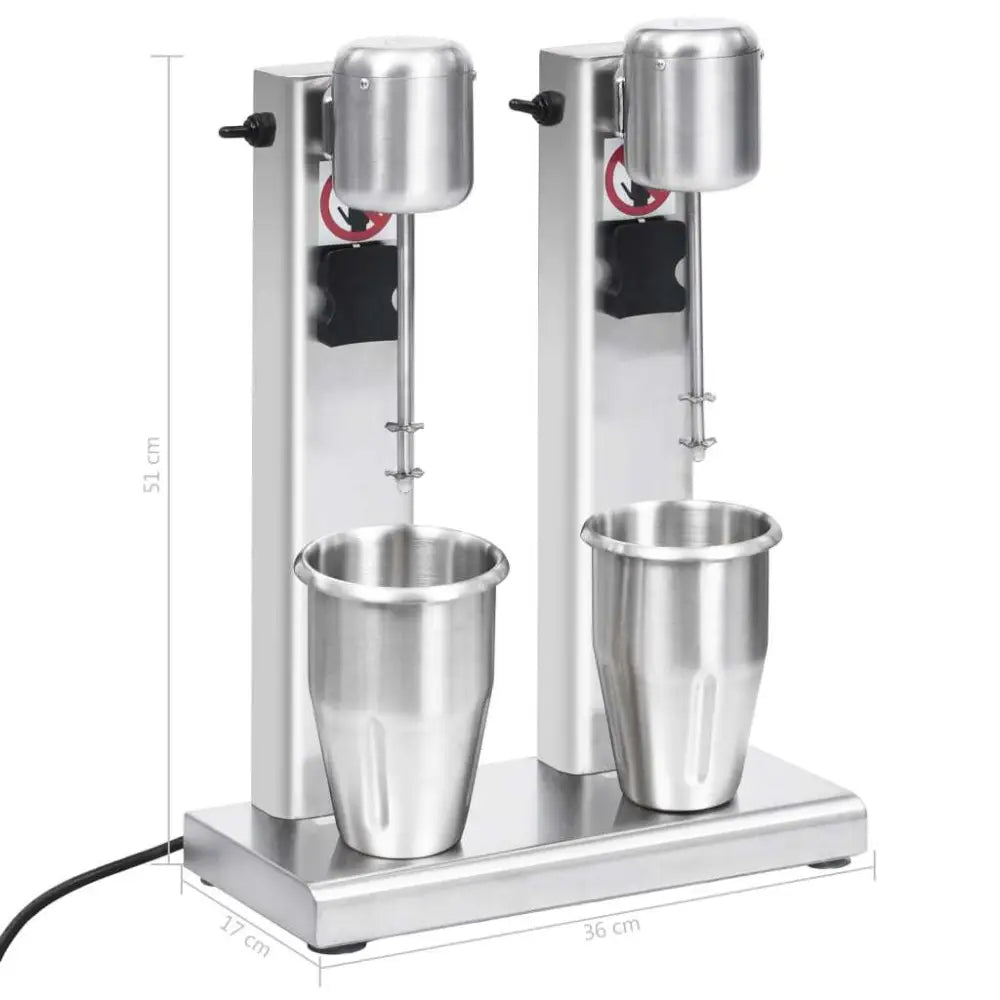 Stainless steel double cup milkshake mixer with dual cylindrical cups and motorized beaters for efficient mixing