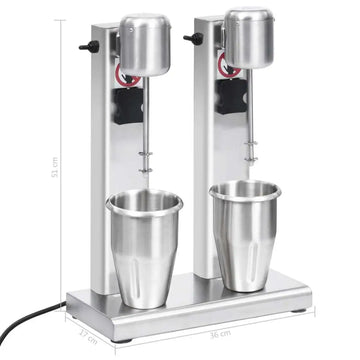 Stainless steel double cup milkshake mixer with dual cylindrical cups and motorized beaters for efficient mixing