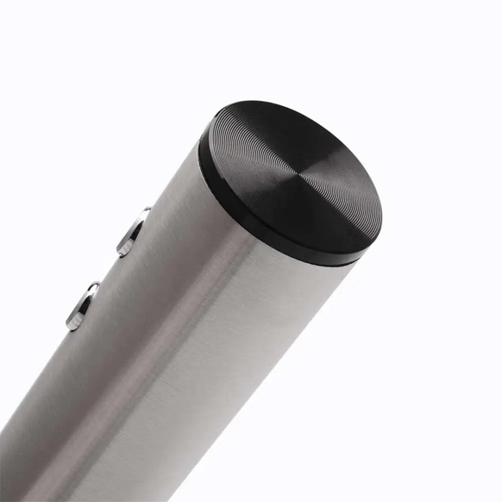 Silver stainless steel electric corkscrew wine bottle opener with a black textured cap and two metallic clips