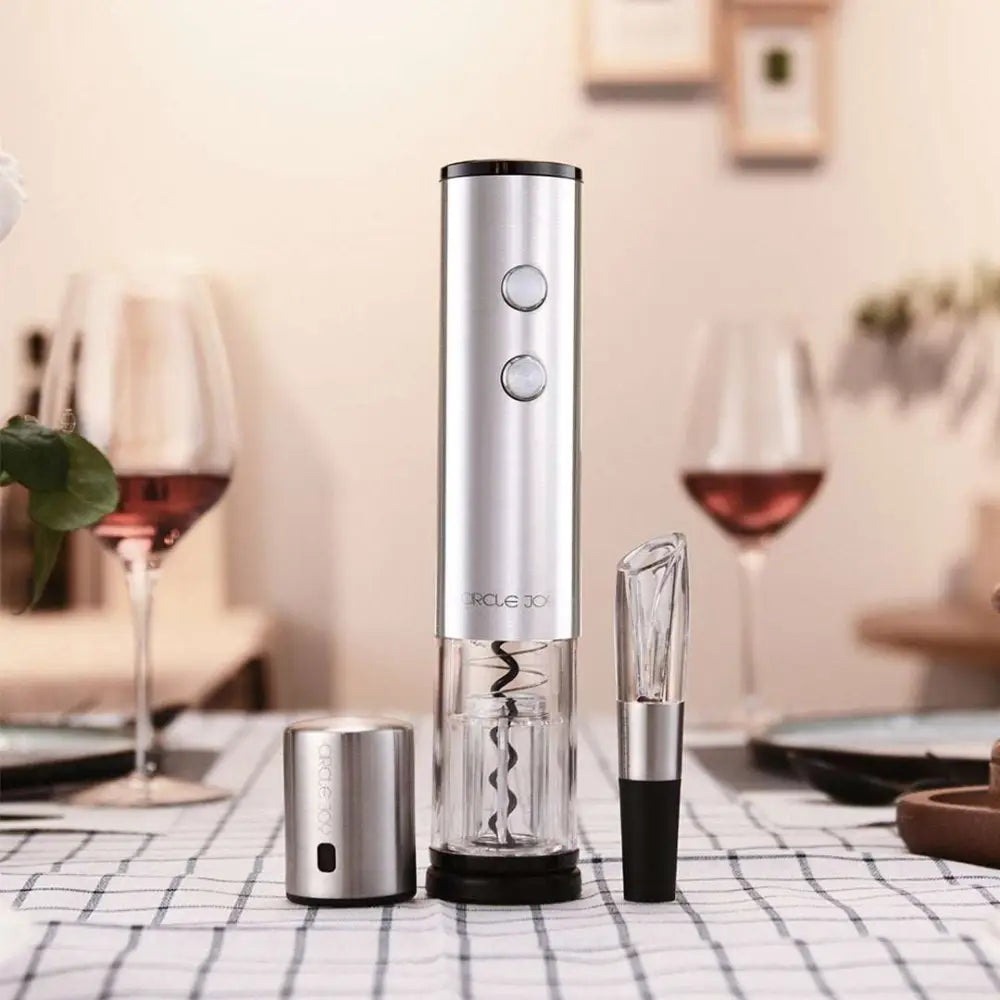 Silver stainless steel electric corkscrew wine bottle opener with transparent glass body and two top buttons