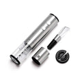 Silver stainless steel electric corkscrew wine opener with transparent barrel and two buttons for corkscrew wine bottle use