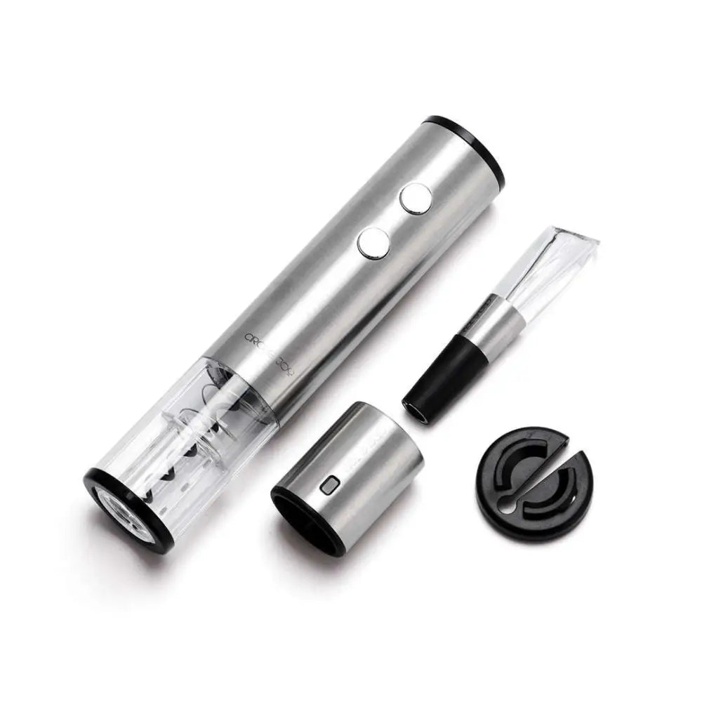 Silver stainless steel electric corkscrew wine opener with transparent barrel and two buttons for corkscrew wine bottle use