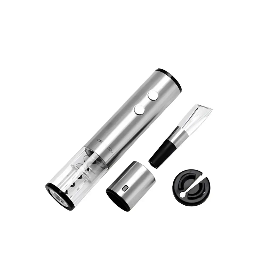 Silver stainless steel electric corkscrew wine bottle opener with black accents and transparent spiral mechanism