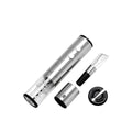Silver stainless steel electric corkscrew wine bottle opener with transparent glass body and black rubberized accents