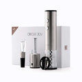 Silver stainless steel electric corkscrew wine bottle opener with black accents and transparent spiral mechanism