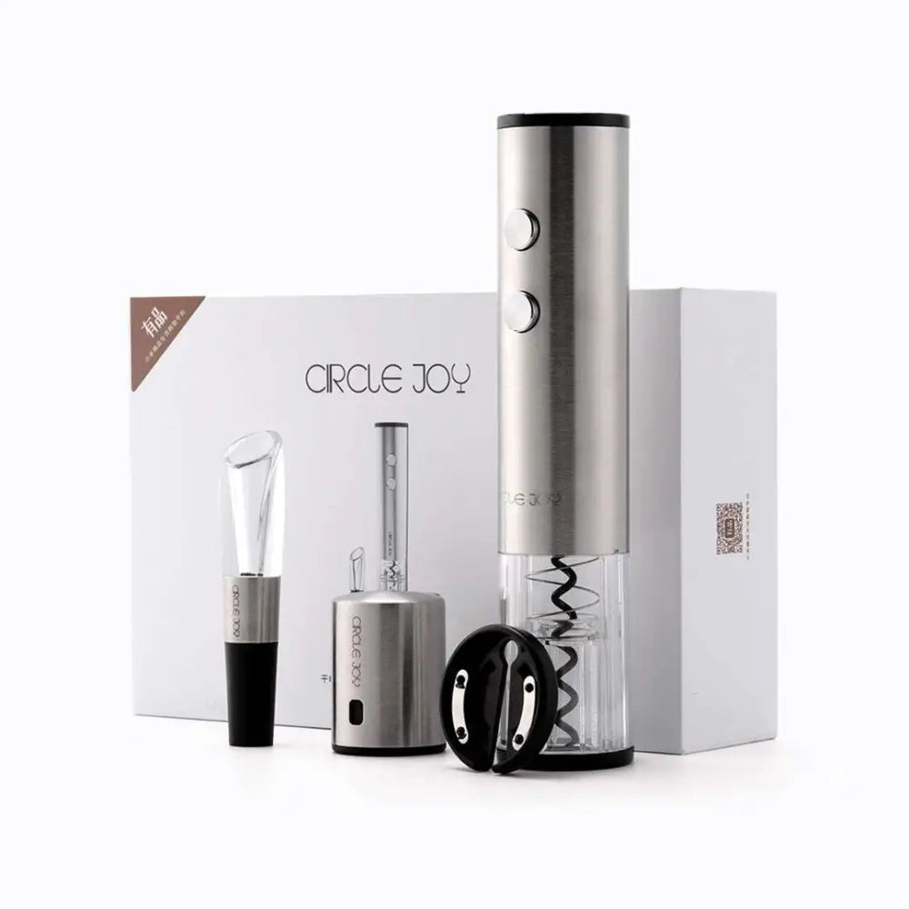 Silver stainless steel electric corkscrew wine bottle opener with black accents and transparent spiral mechanism
