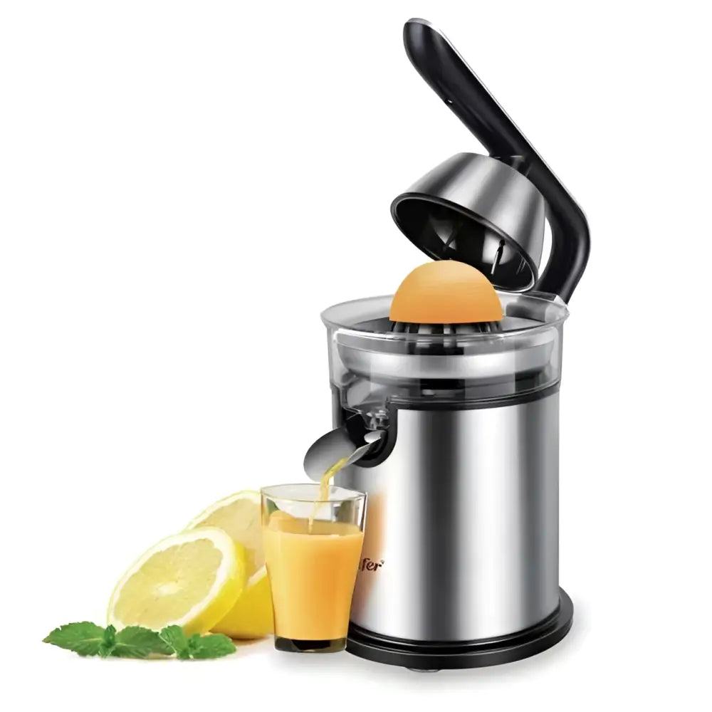 Stainless steel electric lemon juicer with black handle and clear container for efficient lemon juicing