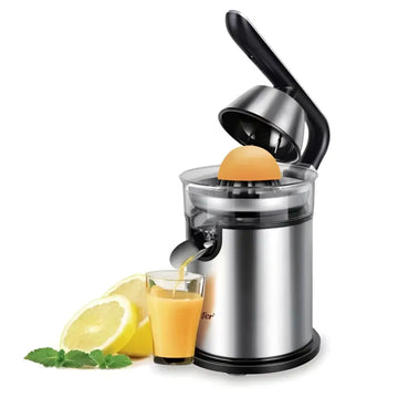 Stainless steel electric lemon juicer with black handle and clear container for efficient lemon juicing
