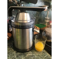 Stainless steel electric lemon juicer with black plastic accents for efficient lemon juicing and modern design