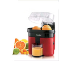 Red and black steel electric lemon juicer with transparent lid efficiently juicing oranges into a glass container